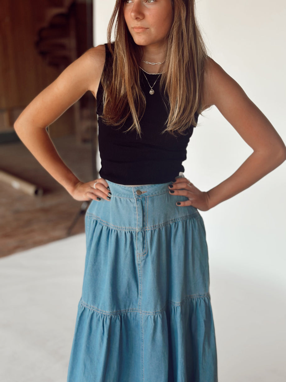 Tiered maxi outlet denim skirt